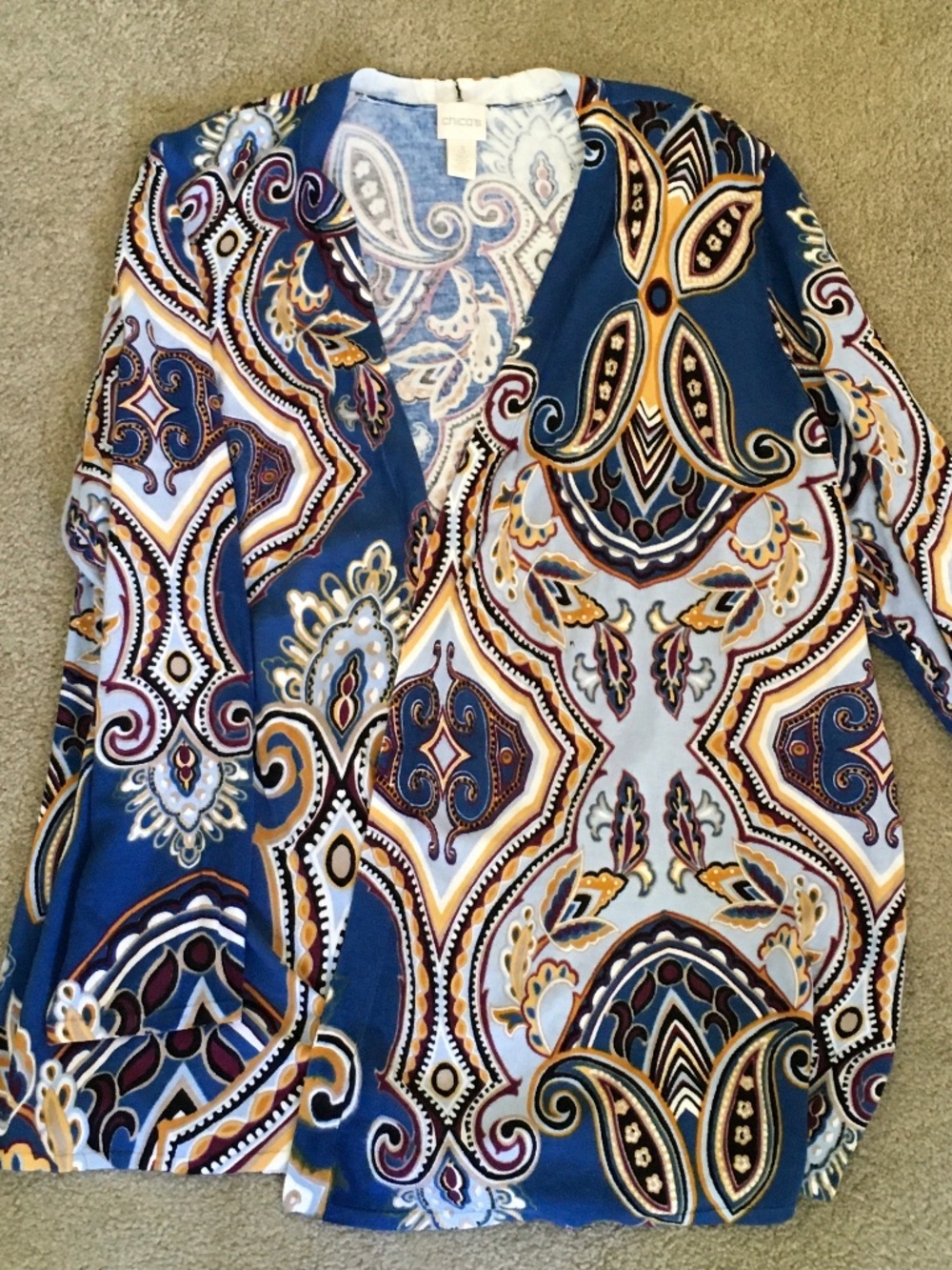 Gorgeous Chico’s blue paisley cardigan sweater
